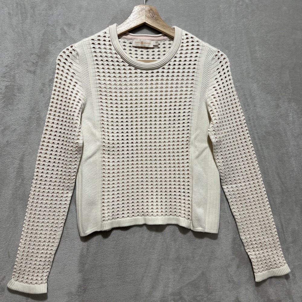 Tory Burch Honeycomb Top Size S Ivory Pink Sweater Pullover Cropped Viscose Knit